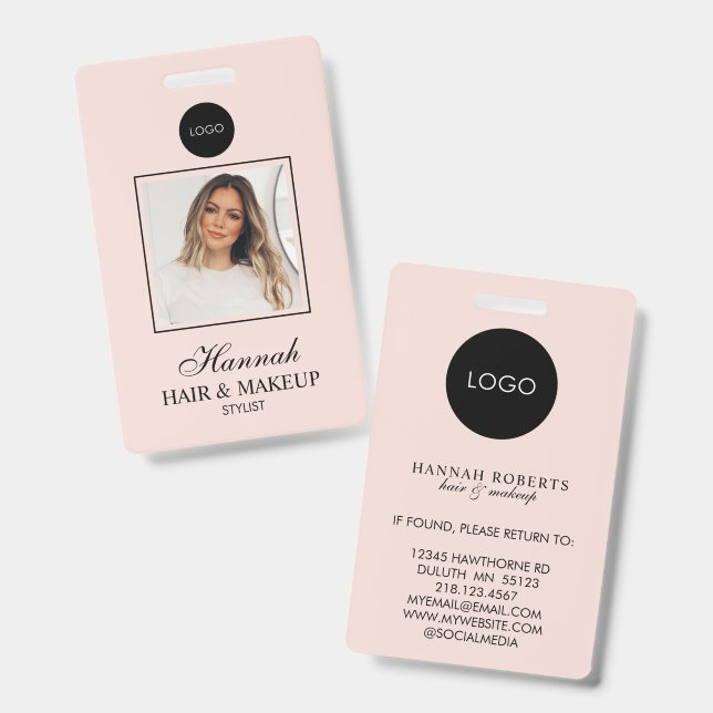 Badge Blush Pink Script Logo Hair Photo Makeup (Avant & arrière)