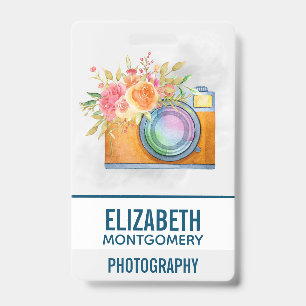 Badge Boho Orange Caméra & Bouquet Floral Aquarelle