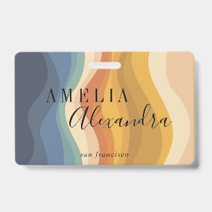 Badge Boho Retro Script Abstrait Wavy Lines Jaune Bleu
