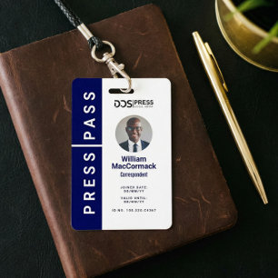 Badge Bold Modern Navy Circle Photo Press Pass & Logo