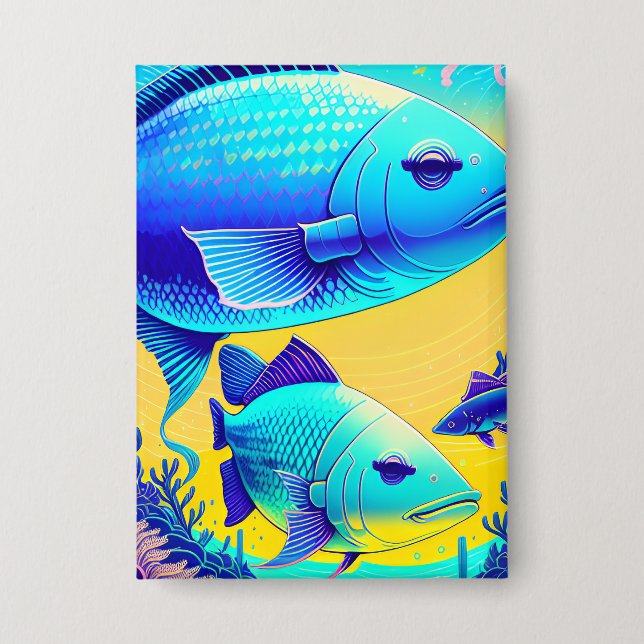 Badge Bouton Vibrant Poissons Bleus Profond (Recto)