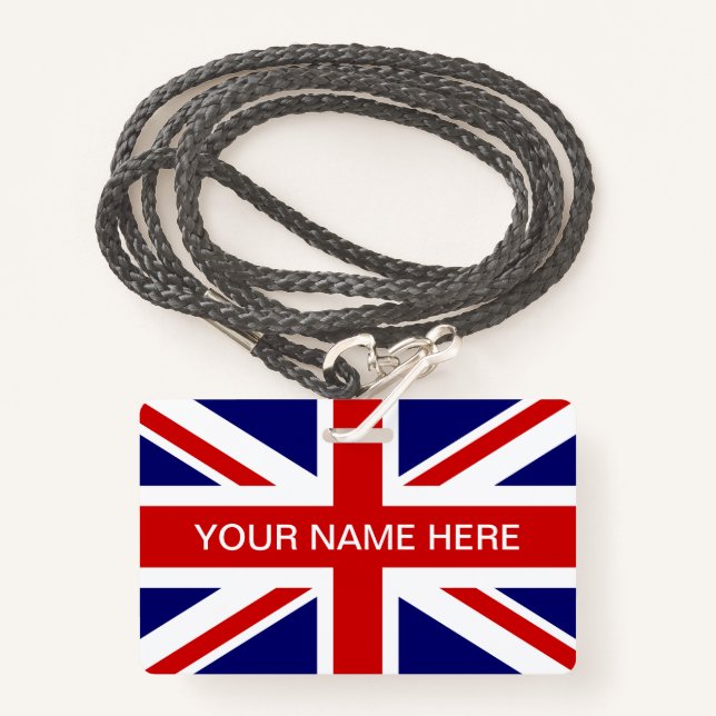 Badge British Union Jack flag personalized name (Devant avec lanière)