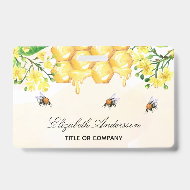 Badge Bumble abeilles miel jaune nom floral script (Front)
