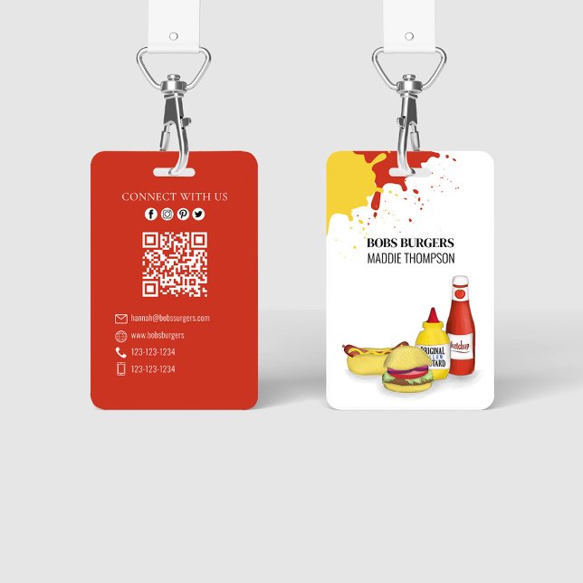 Badge Business QR Code Hamburger Hotdog (Ketchup and mustard custom employee badge.)