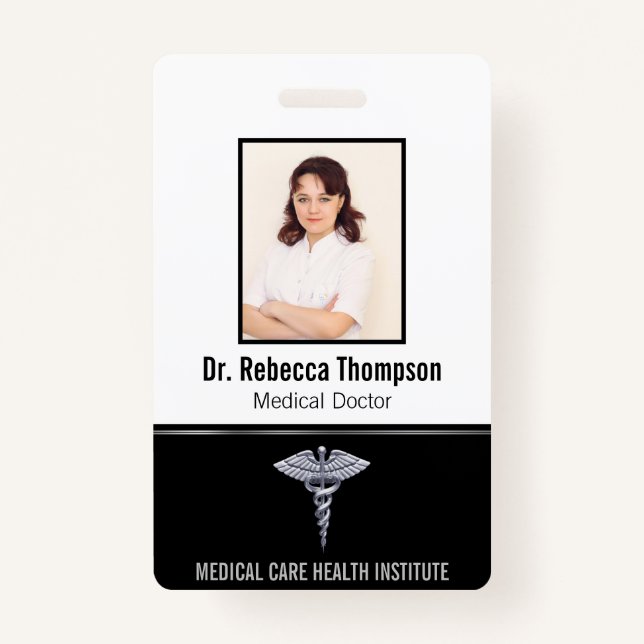 Badge Caducée argentée Médicale sur Black Photo ID (Devant)