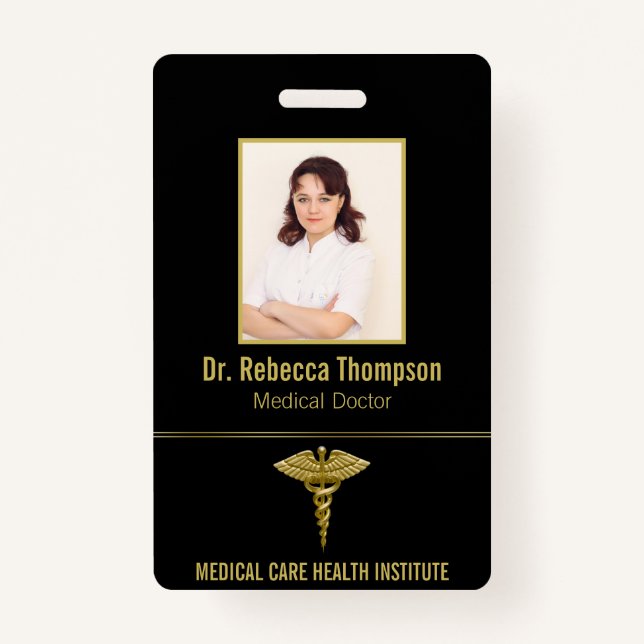 Badge Caducée en or Médicale classique sur Black Photo I (Devant)