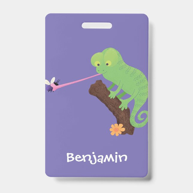 Badge Caricature de lézard de caméléon vert joyeux (Front)