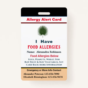 Badge Carte d'alerte Allergies d'identification personna
