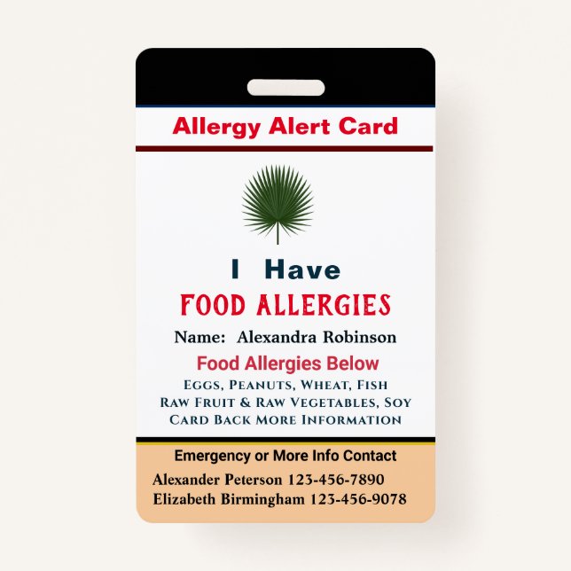 Badge Carte d'alerte Allergies d'identification personna (Devant)