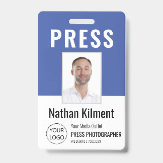 Badge Carte de Presse Journaliste Photo Nom Logo ID Bleu