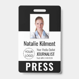 Badge Carte de Presse Journaliste Photo Nom Logo ID Noir