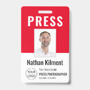 Badge Carte de presse journaliste photo nom logo ID roug