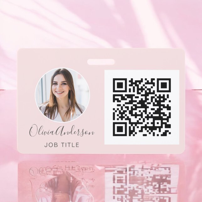 Badge Carte de visite photo couleur rose pâle QR Code (Créateur téléchargé)
