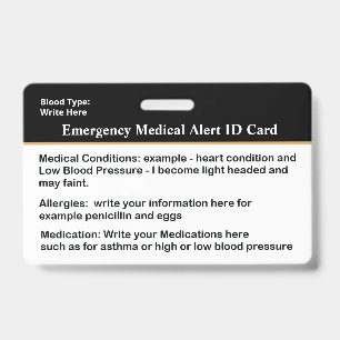 Badge Carte d'identité d'alerte Médicale d'urgence Bad