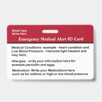 Carte d'identité d'alerte Médicale d'urgence perso