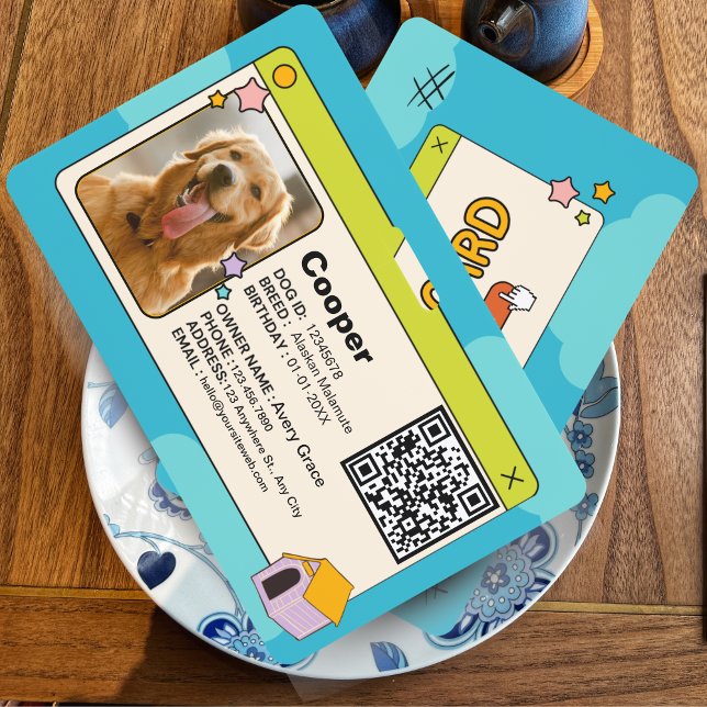 Badge Carte d'identité de chien bleu et coloré avec code (Stylish Blue & Colorful Minimalist Dog ID Card with QR Code & Photo – Playful Pet Safety Accessory)