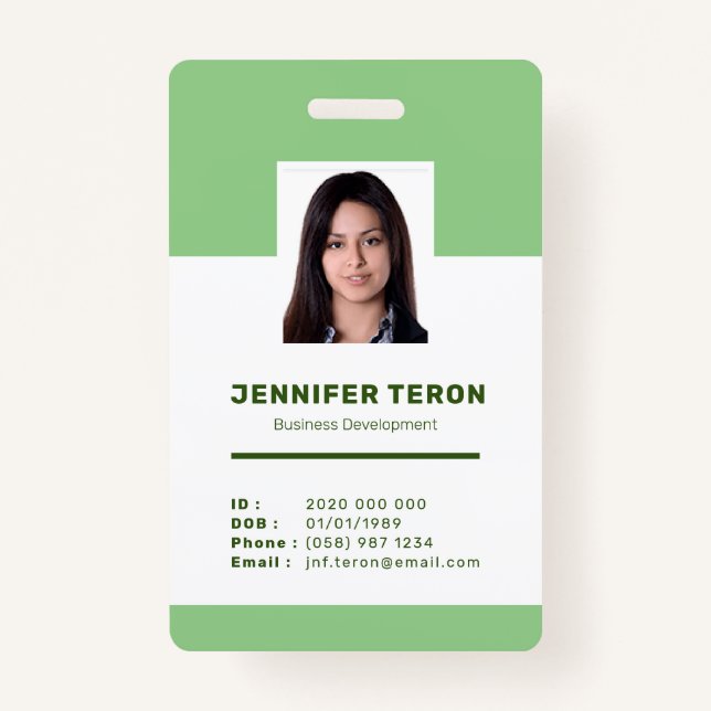 Badge Carte d'identité d'employé vert personnalisée avec (Devant)