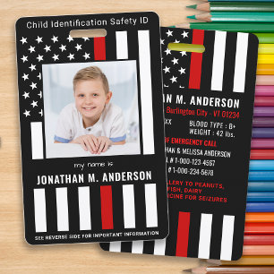 Badge Carte d'identité d'urgence enfant pompier Red Kids