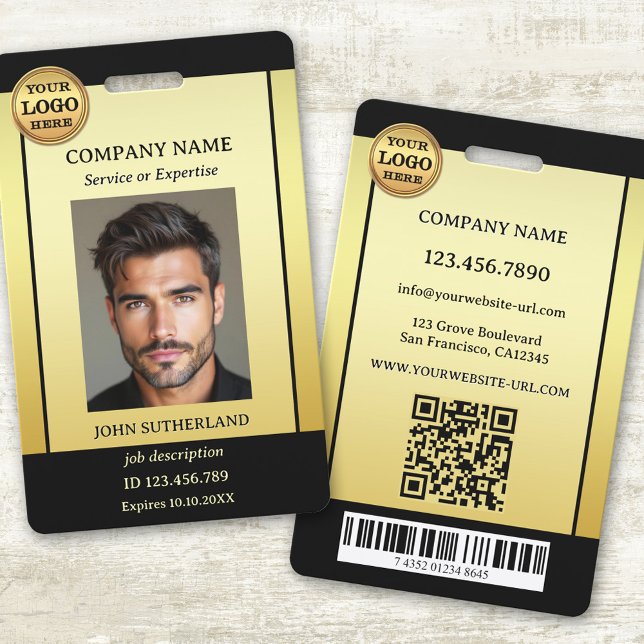 Badge Carte d'identité professionnelle or et noir (Professional staff photo ID badge featuring your photo and logo on a gold and black design)