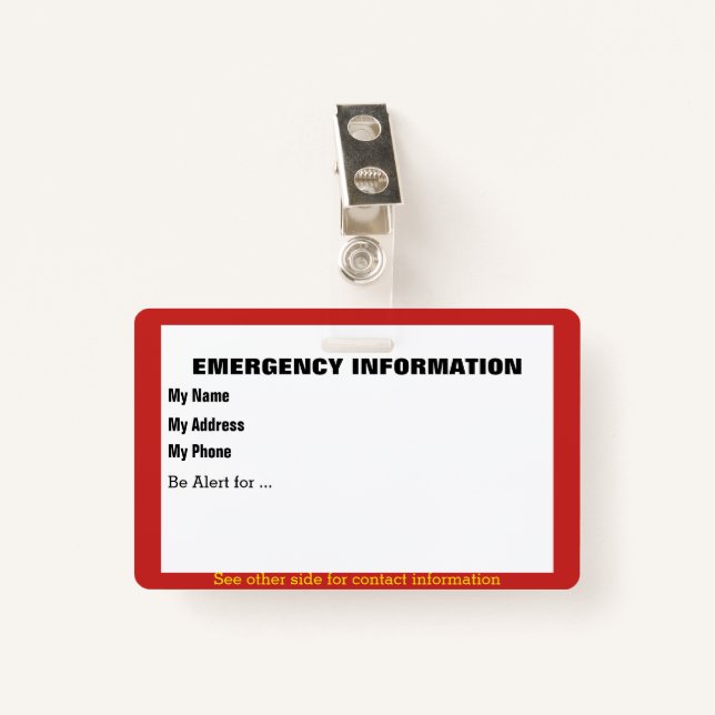 Badge Carte d'informations en cas d'urgence (Devant avec clip)