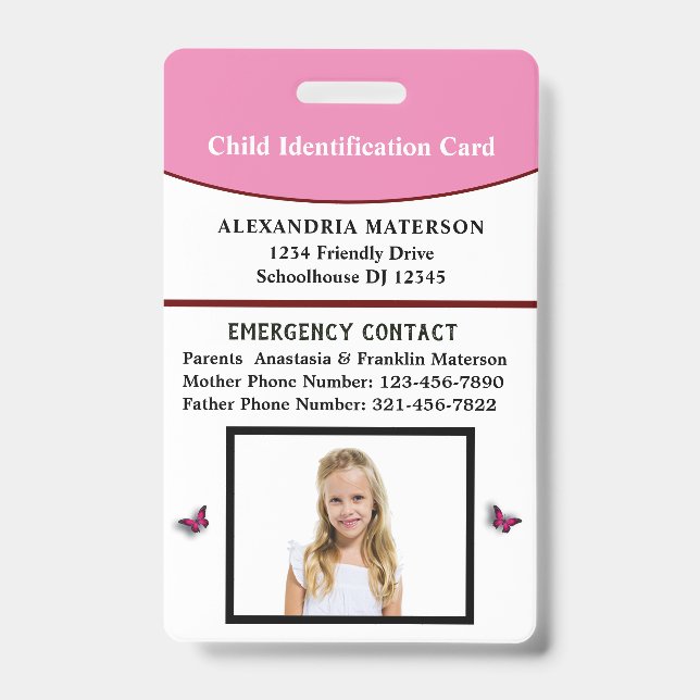Badge Carte d'urgence d'identification d'enfant  (Avant)