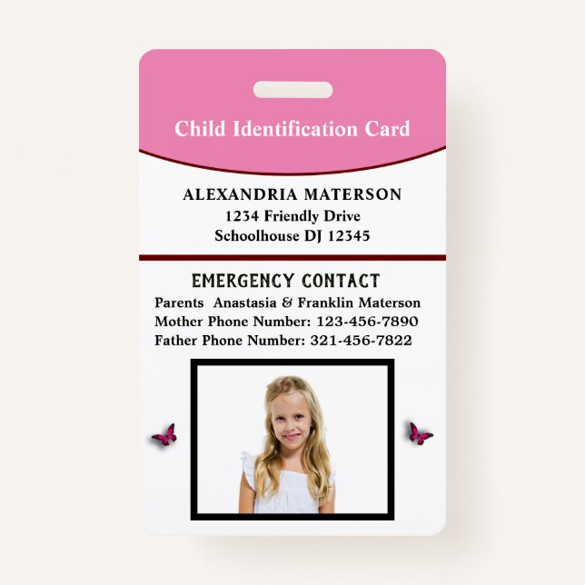 Badge Carte d'urgence d'identification d'enfant (Devant)