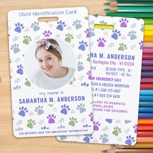 Badge Carte d'urgence pour enfants - Empreintes de patte