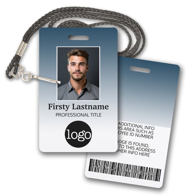 Badge Carte employé - Photo, code-barres, logo, dégradé  (Employee Badge with Gradient Background. Add a photo and logo to this name tag with blue accents.)