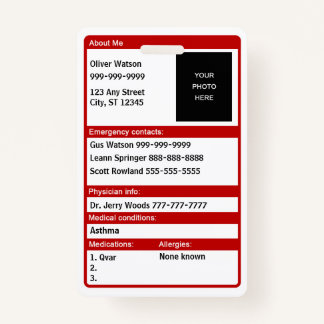 Badge Carte Médicale d'identification de secours