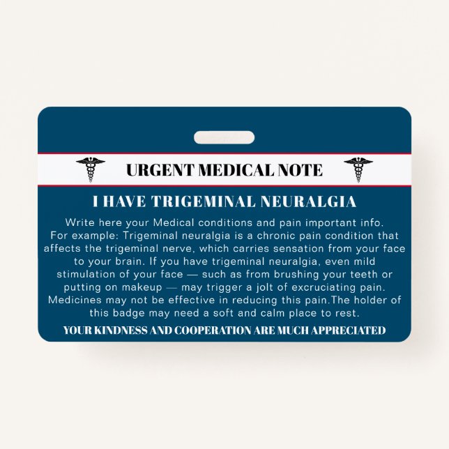 Badge Carte Médicale d'urgence Neuralgie Trigeminal (Devant)
