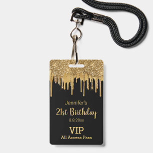 Badge Carte vip anniversaire 21 ans noir or qui coule pa