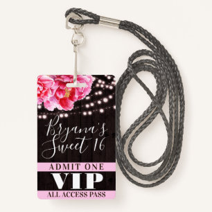 Badge Chaîne de bois rose Floral Lumières Sweet 16 VIP P