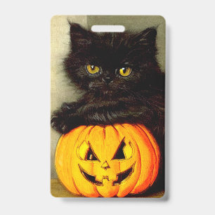 Badge Chat d'Halloween vintage et lanterne Jack-o’