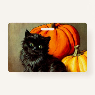 Badge Chat noir vintage d'Halloween et Citrouilles