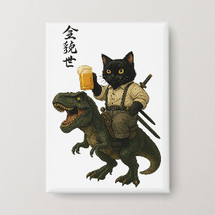 Badge Chat Samouraï avec Bière & T-Rex   Art Japonais Ré