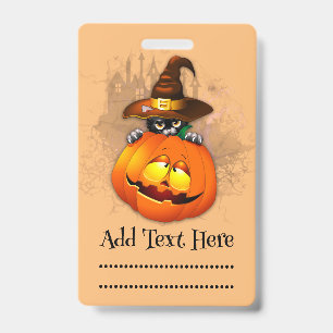 Badge Chaton Mignon Sorcier d'Halloween et Ami Citrouill