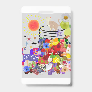 Badge chien, chat, et fruits et fleurs
