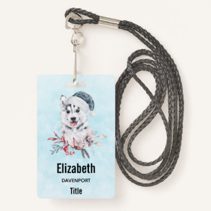 Badge Chien de Noël Husky dans un chapeau de Père Noël