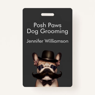 Badge Chien Groomer Funny QR Code gris
