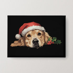 Badge Chien Retriever doré Noël Chapeau de Père Noël Chi