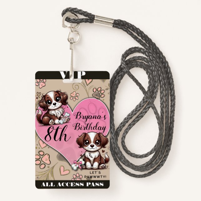 Badge Chien rose rose Brown et coeur Anniversaire VIP Pa (Devant avec lanière)