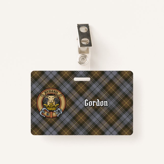 Badge Clan Gordon Crest sur Tartan Patiné (Devant avec clip)