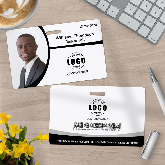 Badge Code-barres du logo de la photo employé noir et bl (Créateur téléchargé)