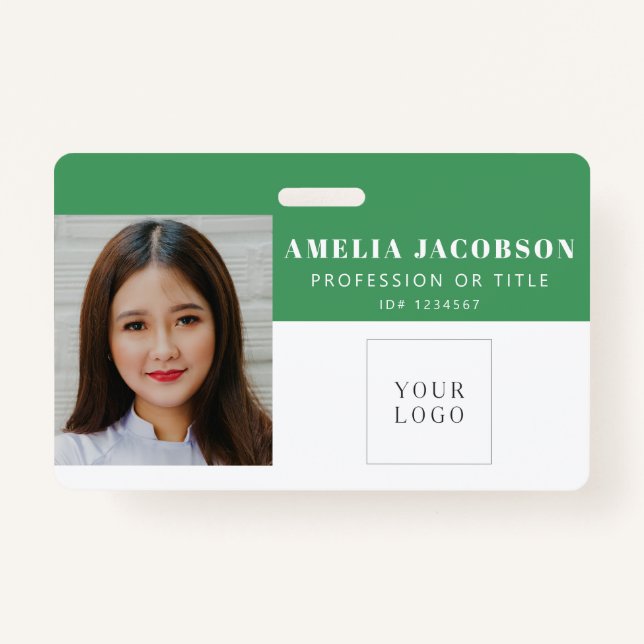 Badge Code-barres simple vert employé photo ID logo  (Devant)
