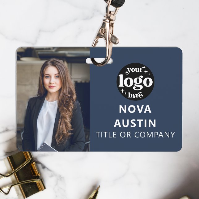 Badge Code photo de l'employé bleu avec code QR Logo d'e (Créateur téléchargé)