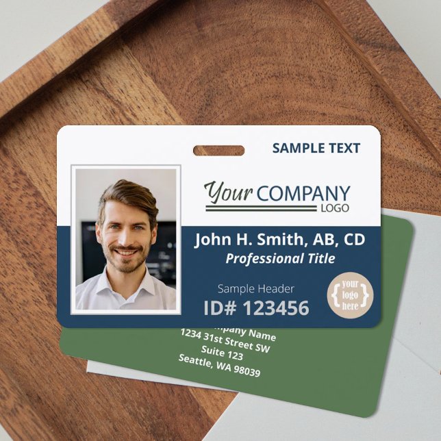 Badge Code photo de l'employé - Entrée du logo bleu fonc (Blue and green company entry badge with photo and logos. Versatile for navy blue, sage green)