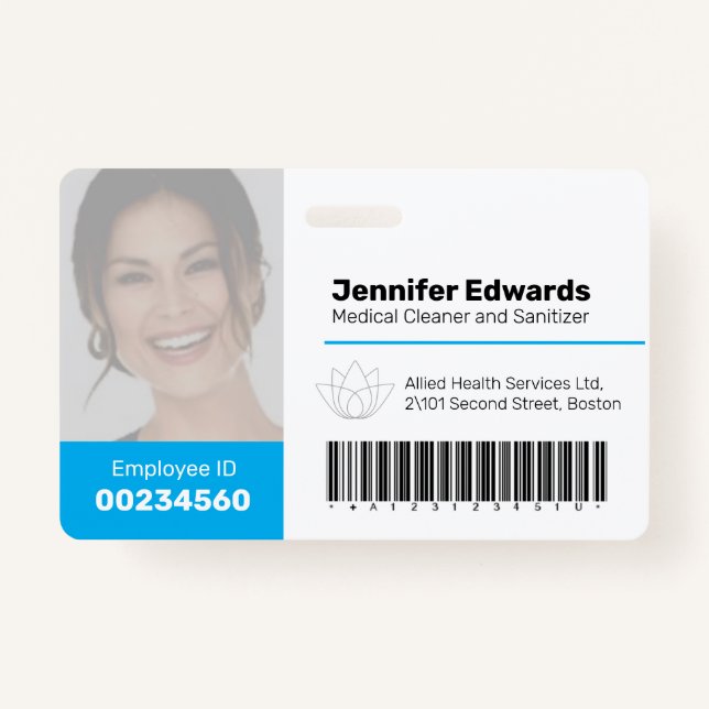 Badge Code photo grand employé et code-barres bleu (Devant)