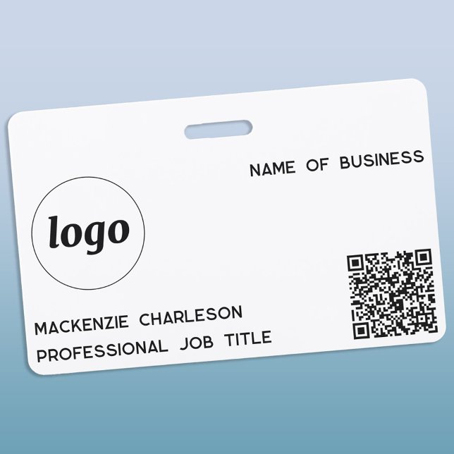 Badge Code QR de logo simple Nom d'entreprise profession (Simple logo QR code with custom text business promotional branding name tag)