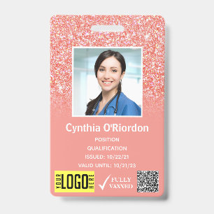 Badge Code QR de Photo ID avec paillettes rose corail