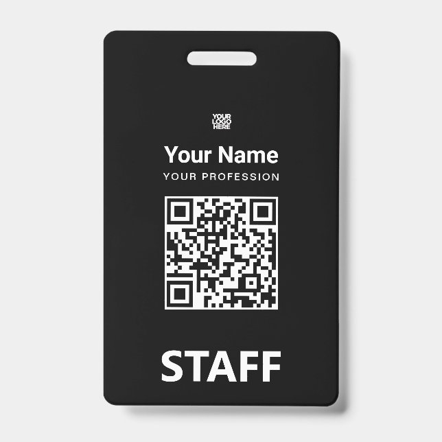 Badge Code QR employé tout noir, Code barre, Logo, Nom (Avant)